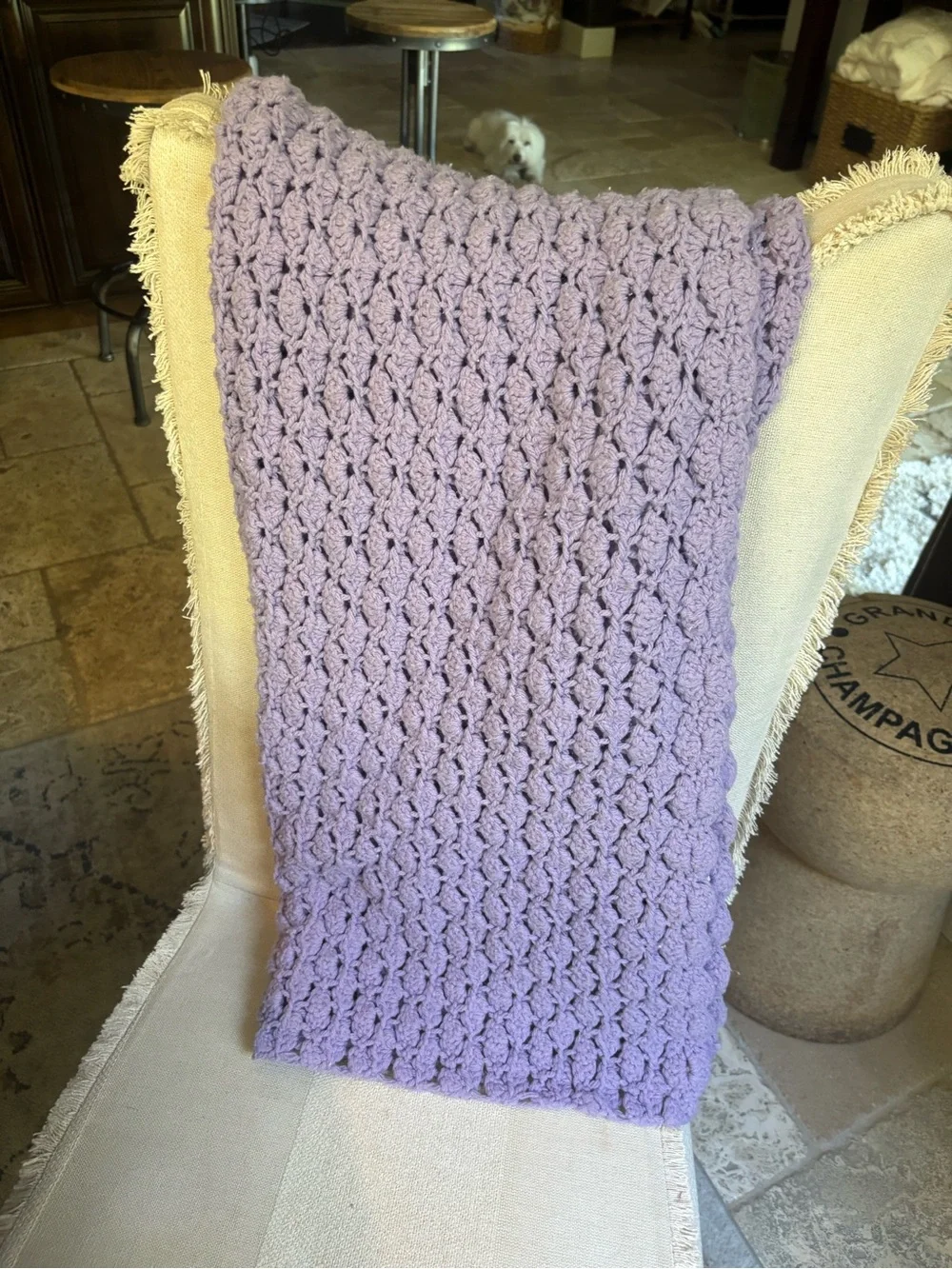 Handmade crocheted lavender scalloped edge blanket throw